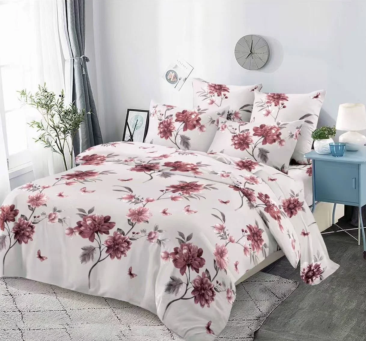 LENJERII DE PAT - Lenjerie de pat Finet 6 piese crem cu flori roșii și fluturi-KY137
