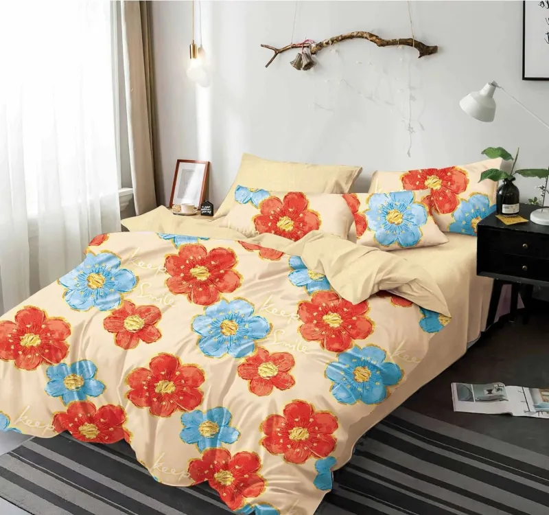 LENJERII DE PAT 1+1 GRATIS - Lenjerie de pat Finet  6 piese,Crem cu floricele colorate -KY29