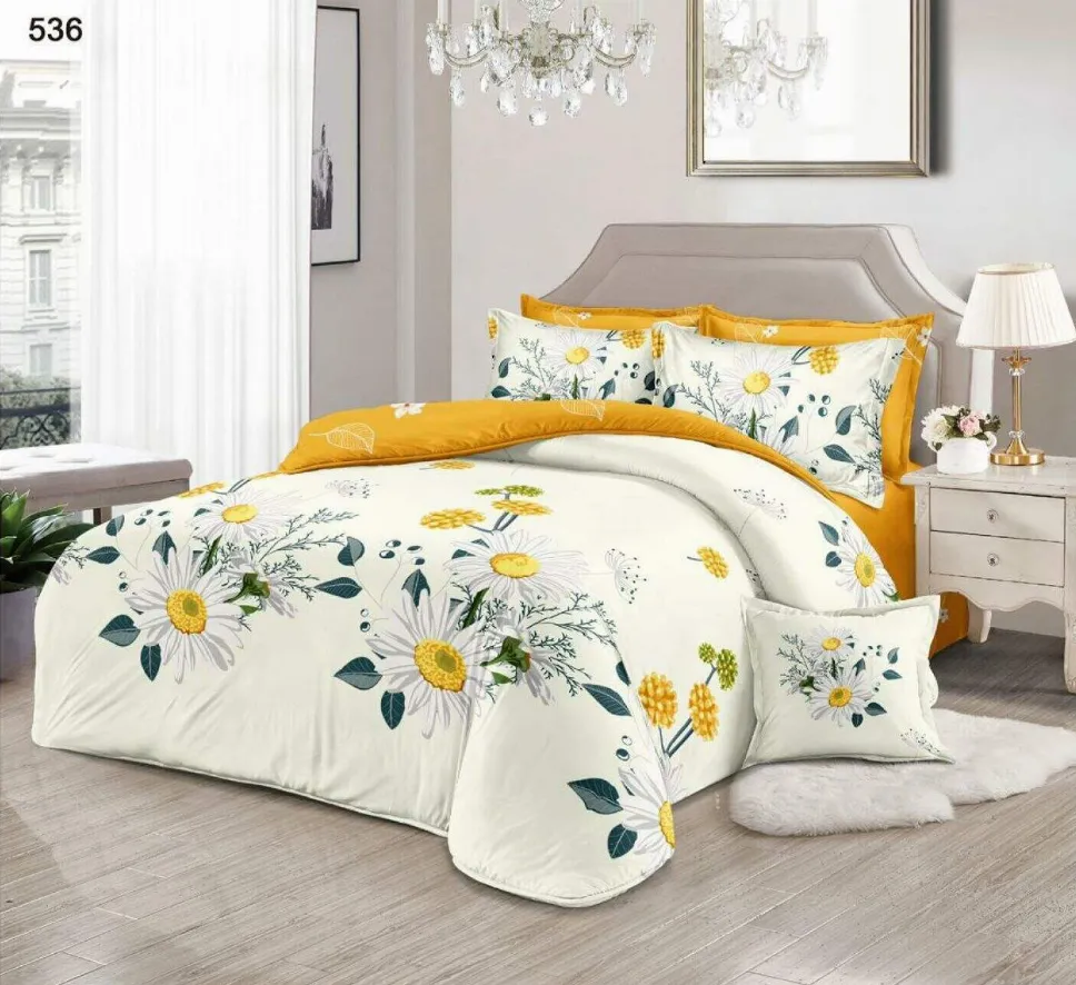 Lenjerii Pucioasa Super Elegant - Lenjerie de pat Finet 6 piese, crem cu margarete galbene si verzi-LP536