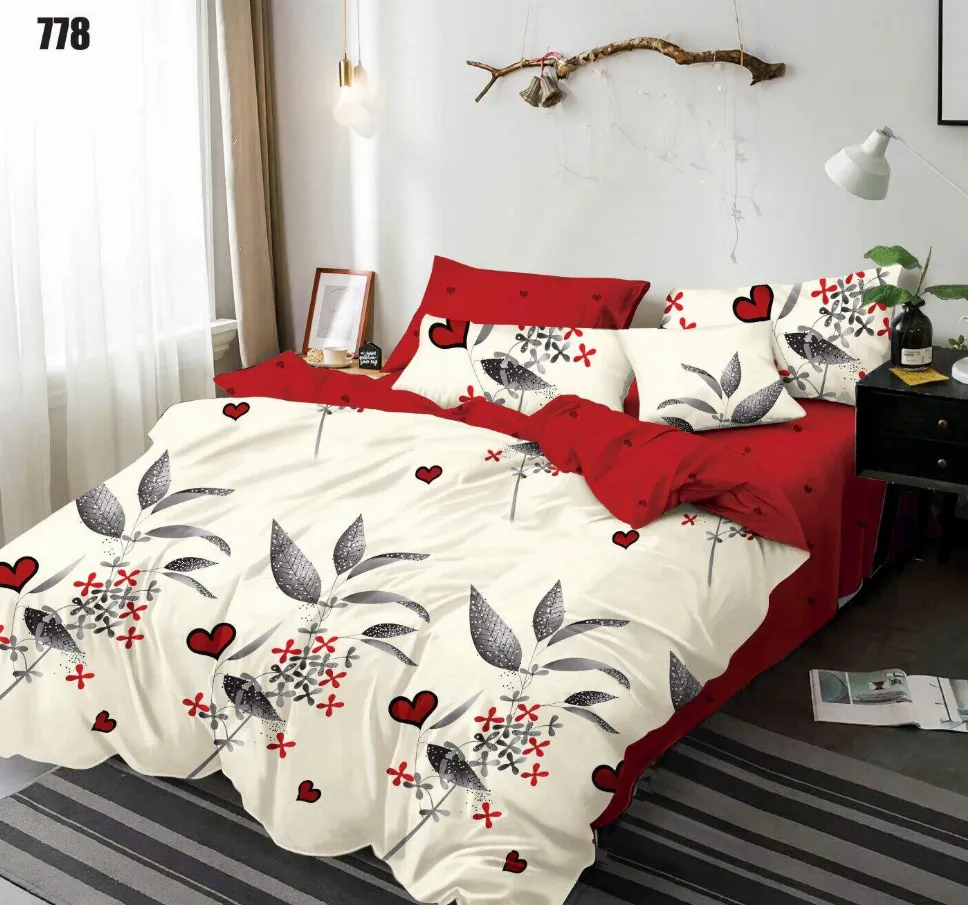 Lenjerii Pucioasa Super Elegant - Lenjerie de pat Finet 6 piese, crem cu pasari si inimioare rosii-LP778