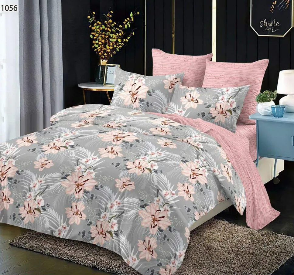 Lenjerii Pucioasa Super Elegant - Lenjerie de pat Finet 6 piese, gri cu flori roz pal-LP1056