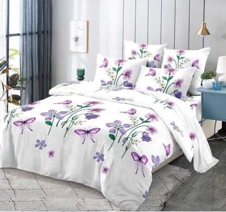 OFERTA 1+1 - Lenjerie de pat Finet 6 piese, Alb cu flori mov-KY112