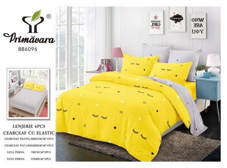 OFERTA  LENJERII CU ELASTIC - Lenjerii de pat Finet 6 piese cu Elastic,Galben/Gri cu Gene-FEL246