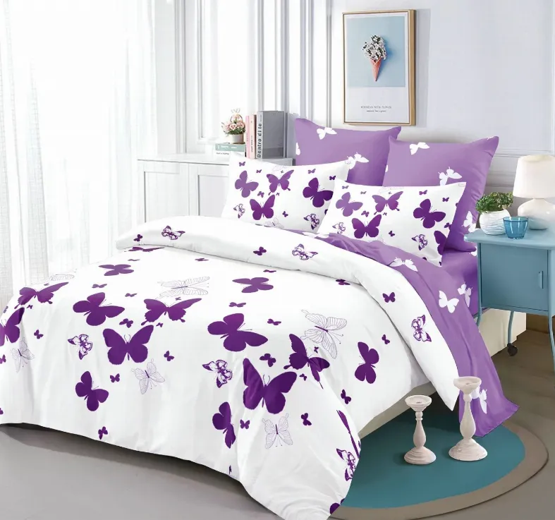 Lenjerii de pat Lux Primavara - Lenjerie de pat Finet 6 piese Primavara, alb cu fluturi violet vibranti-LC186
