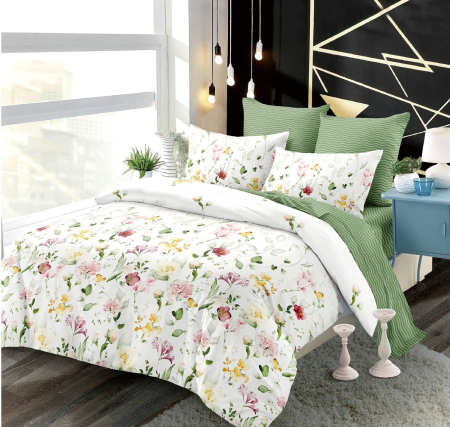 Lenjerie de pat Finet 6 piese,Primavara, Alb/Vernil cu floricele-LC154 [1]