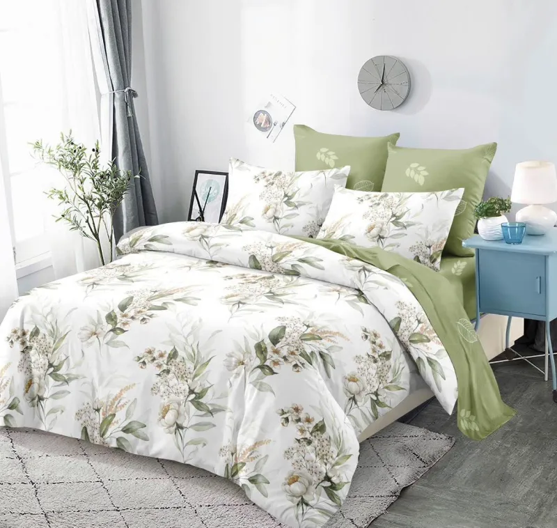 Lenjerii de pat Lux Primavara - Lenjerie de pat Finet 6 piese,Primavara, Alb/Vernil cu floricele-LC154