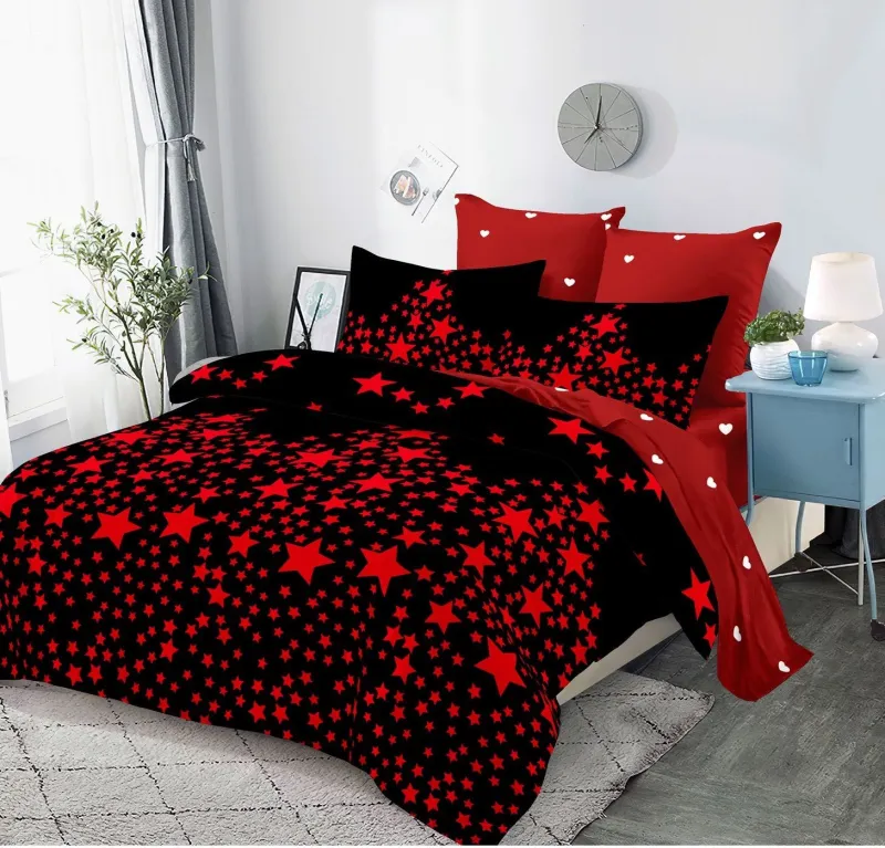 Lenjerii de pat Lux Primavara - Lenjerie de pat Finet 6 piese Primavara,Rosu/Negru cu stelute -LC169