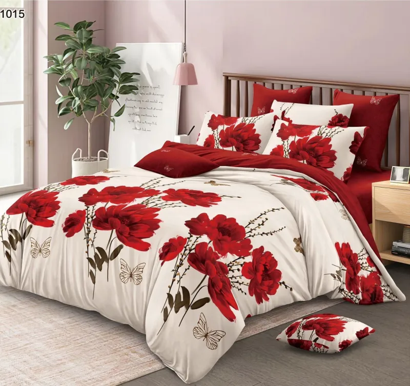 Lenjerii Pucioasa Super Elegant - Lenjerie de pat Finet 6 piese,Puciaosa,Crem/Rosu cu maci-LP1015