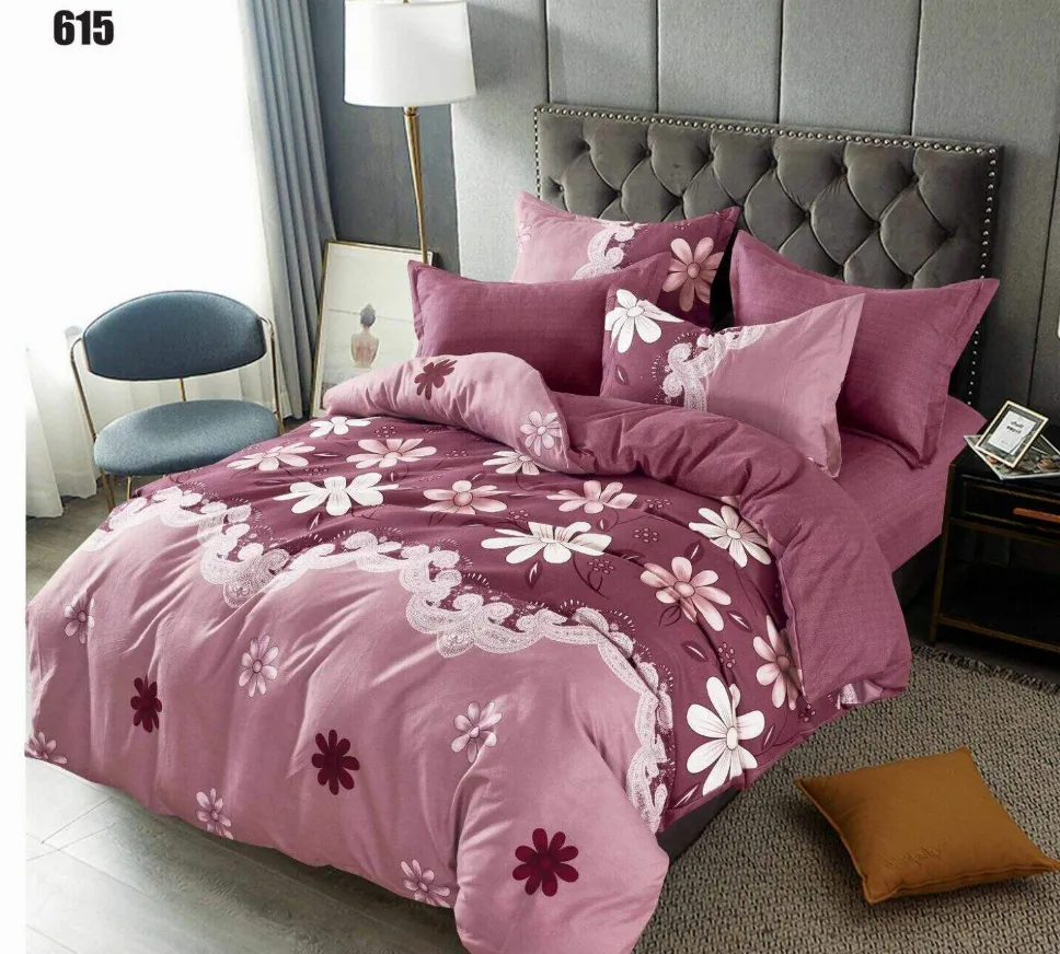 Lenjerii Pucioasa Super Elegant - Lenjerie de pat Finet 6 piese, roz cu flori albe si bordo-LP615