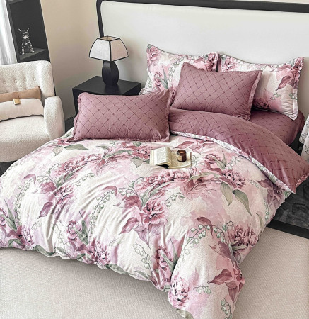 LENJERII DE PAT - Lenjerie de pat,FINET,6 Piese roz cu flori și frunze delicate-FJ247