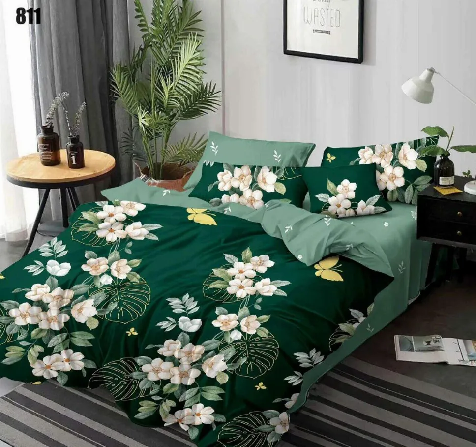 LENJERII DE PAT - Lenjerie de pat Finet 6 piese, verde cu flori albe și galbene-LP811