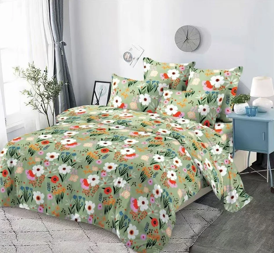 LENJERII DE PAT - Lenjerie de pat Finet 6 piese verde cu floricele albe, roz și portocalii-KY130
