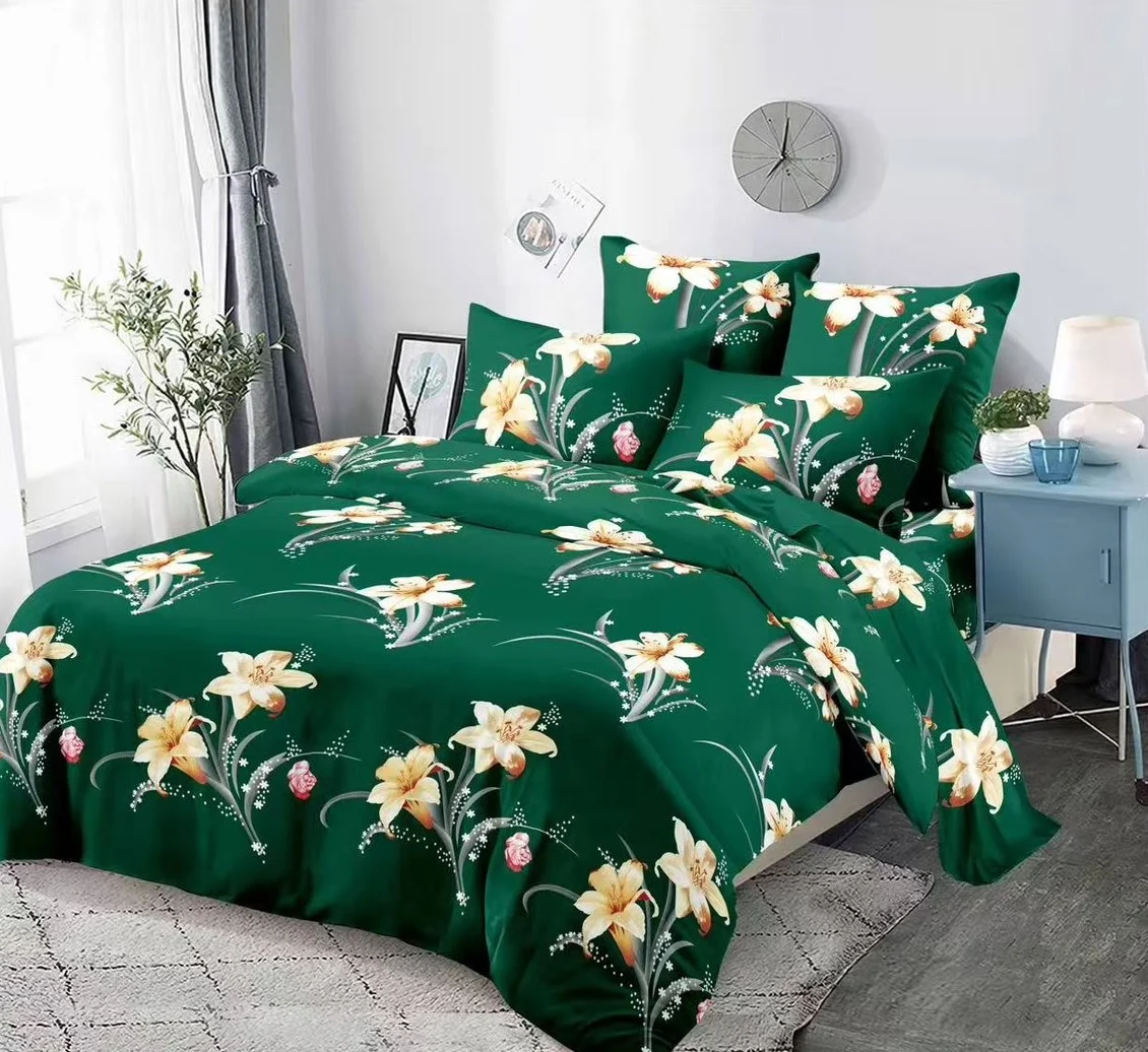 LENJERII DE PAT - Lenjerie de pat Finet 6 piese verde inchis cu flori de narcise și bujori-KY120