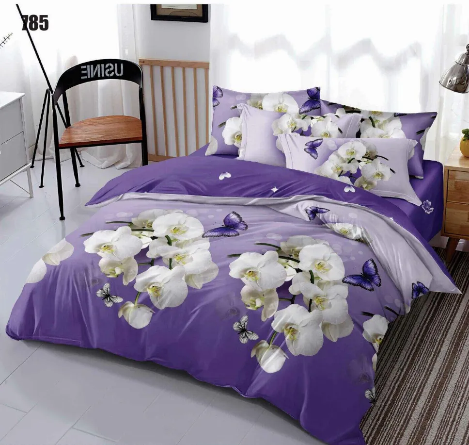LENJERII DE PAT - Lenjerie de pat Finet 6 piese, violet cu flori albe și fluturi-LP785