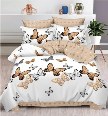 OFERTA 1+1 - Lenjerie de pat Finet Pucioasa 6 piese,Alb/Bej cu fluturasi-R227