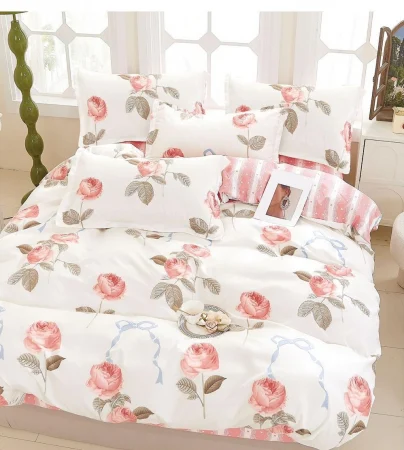 OFERTA 1+1 - Lenjerie de pat Finet Pucioasa 6 piese,Alb/Roz ,Bujori-R566