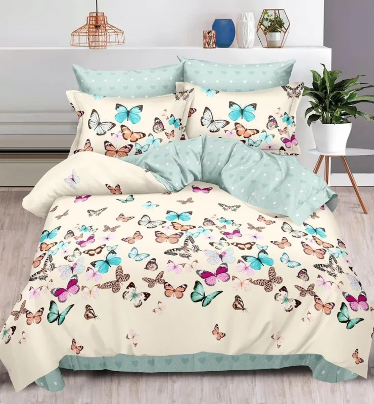 Lenjerii de pat Finet Pucioasa - Lenjerie de pat Finet Pucioasa 6 piese,Crem/Bleu cu Fluturi colorati-R226