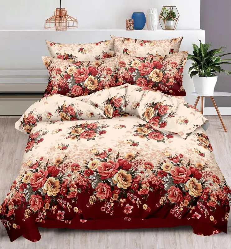 OFERTA 1+1 - Lenjerie de pat Finet Pucioasa 6 piese,Crem/Rosu cu Bujori-R454
