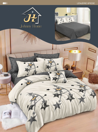 LENJERII DE PAT - Lenjerie de pat Finet Pucioasa 6 piese, imprimeu cu steluțe gri și inimi galbene-R631