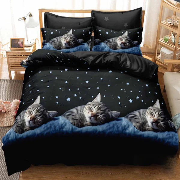 Lenjerii de pat Finet Pucioasa - Lenjerie de pat Finet Pucioasa 6 piese,cu imprimeu cer instelat si pisica-R612