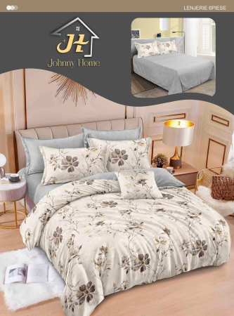 LENJERII DE PAT - Lenjerie de pat Finet Pucioasa 6 piese, Gri/Bej cu floricele-R640