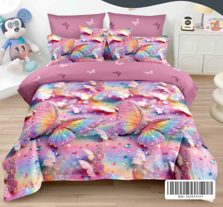 OFERTA LENJERII - Lenjerie de pat Finet Pucioasa 6 piese, imprimeu vibrant cu fluturi multicolori pe un fundal roz-violet-R618