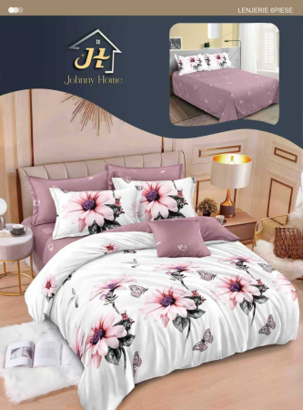 LENJERII DE PAT - Lenjerie de pat Finet Pucioasa 6 piese, imprimeu floral roz și alb-R635