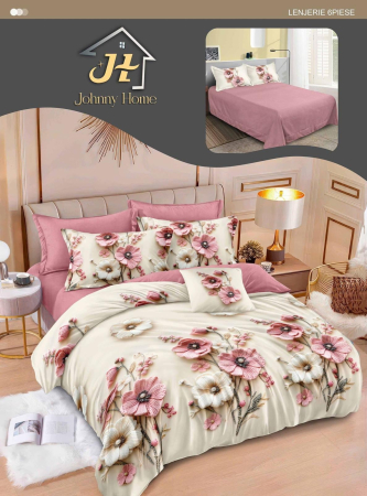 LENJERII DE PAT - Lenjerie de pat Finet Pucioasa 6 piese, imprimeu floral roz și crem-R626