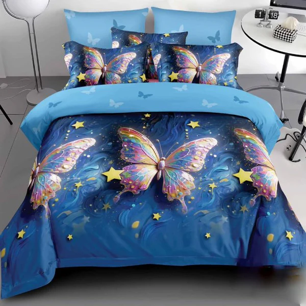 LENJERII DE PAT - Lenjerie de pat Finet Pucioasa 6 piese, imprimeu fluturi multicolori și stele pe un fundal albastru-R614