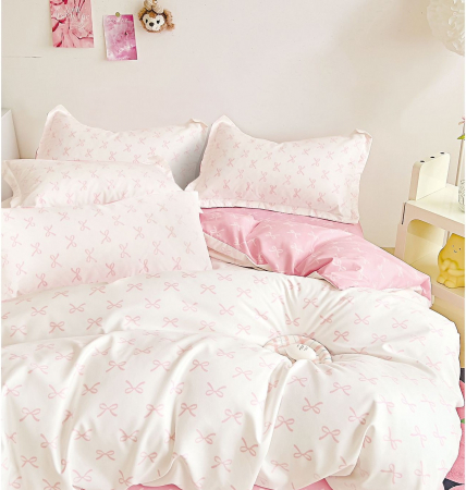 LENJERII DE PAT - Lenjerie de pat Finet Pucioasa 6 piese,Roz/Alb cu Fundite-R557