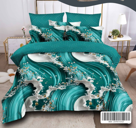 LENJERII DE PAT - Lenjerie de pat Finet Pucioasa 6 piese,imprimeu 3D cu valuri turcoaz și detalii aurii-R619