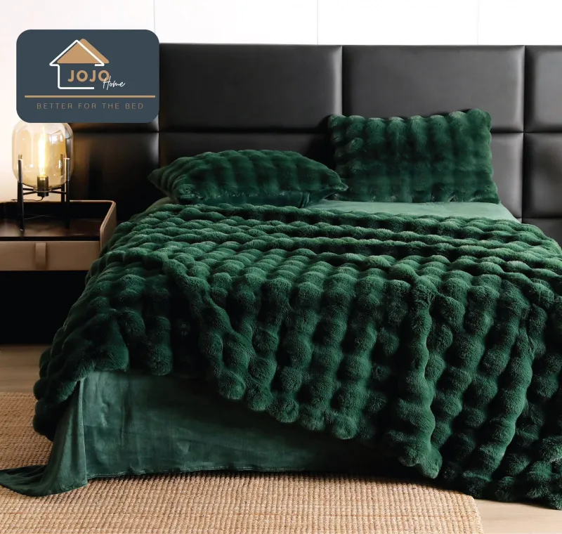Lenjerie de pat Blanita de Iepure - Lenjerie pat dublu, Extra Pufoasa,din Blanita artificiala de Iepure, 6 piese,Verde-BV6