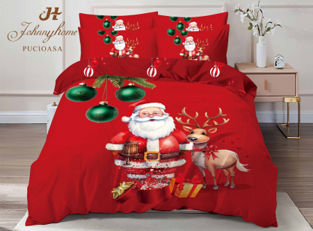 NOU EDITIE DE CRACIUN - Lenjerie pentru pat dublu cu Mos Craciun din FINET cu 6 piese-Q22