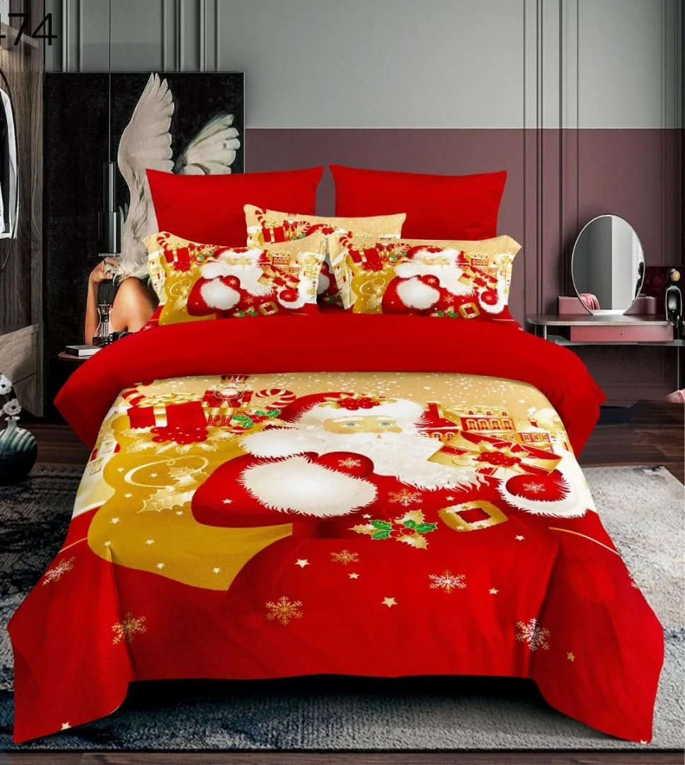 Lenjerii Mos Craciun - Lenjerie pentru pat dublu cu Mos Craciun din FINET cu 6 piese, roșu cu Moș Crăciun și globuri aurii-GR474