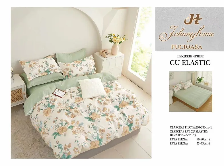Lenjerii de pat cu Elastic - Lenjerii de pat Finet 6 piese cu Elastic, alb cu flori delicate roz si galbene-T245
