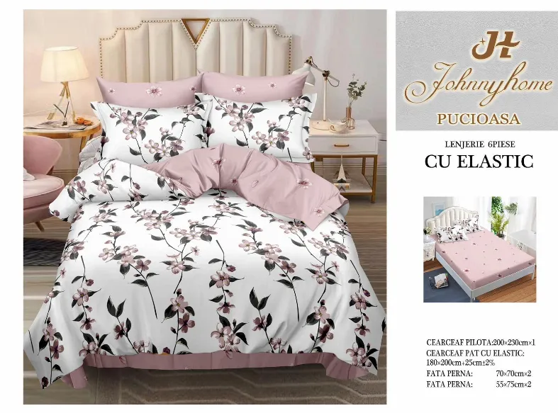 Lenjerii de pat cu Elastic - Lenjerii de pat Finet 6 piese cu Elastic, alb cu flori roz si negre-T162