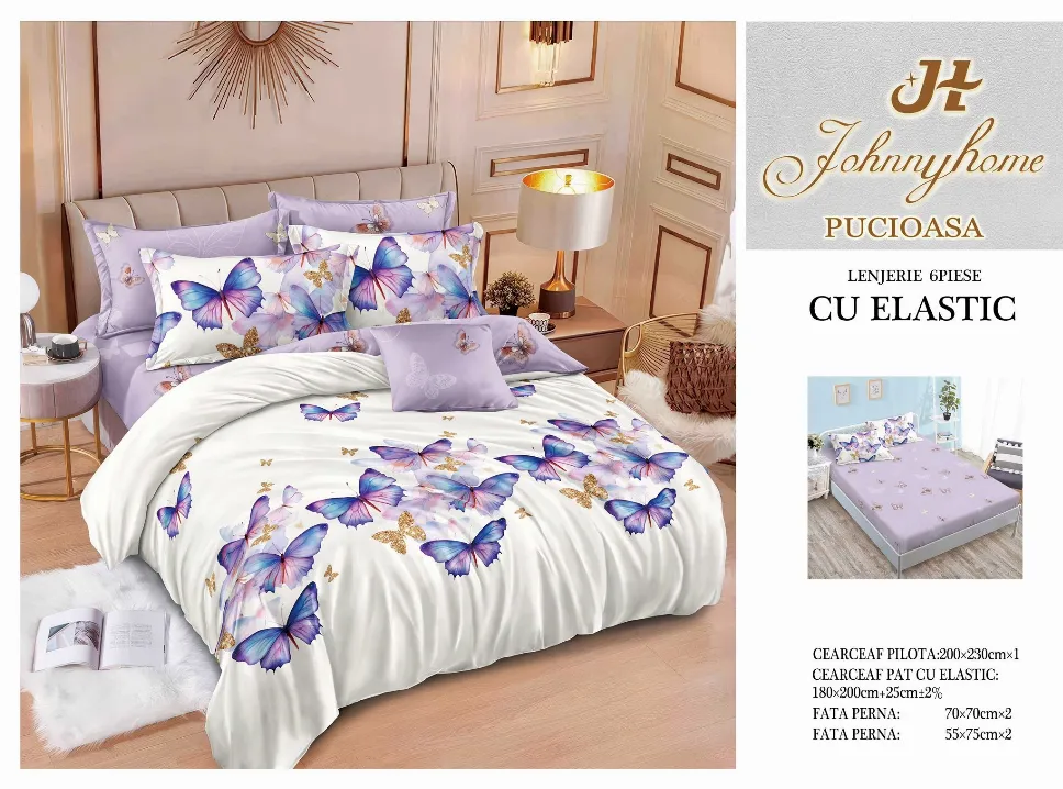 Lenjerii de pat cu Elastic - Lenjerii de pat Finet 6 piese cu Elastic, alb cu fluturi mov și roz-T319