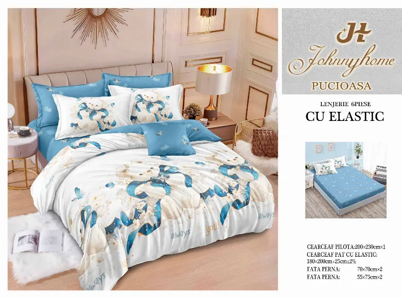 Lenjerii de pat cu Elastic - Lenjerii de pat Finet 6 piese cu Elastic, alb cu ursuleti si funde albastre-T297