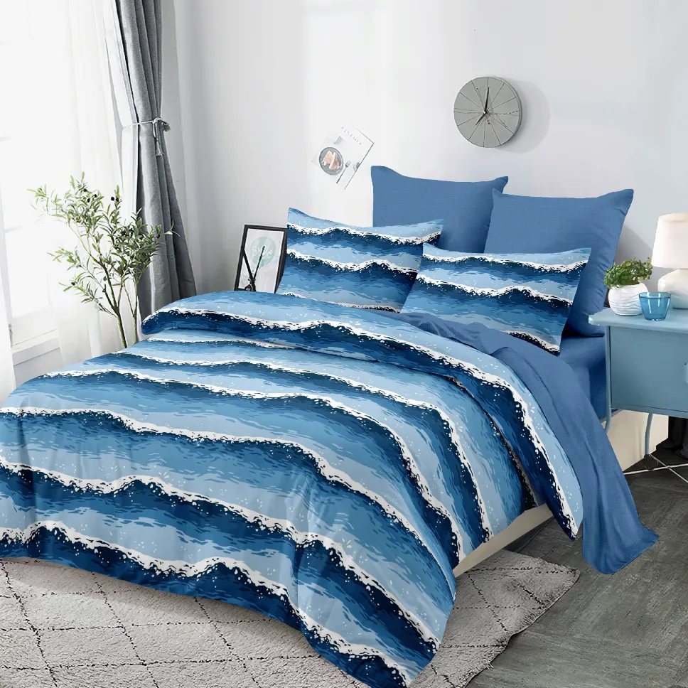 LENJERII CU ELASTIC 1+1 - Lenjerii de pat Finet 6 piese cu Elastic, albastre cu valuri-FEL269