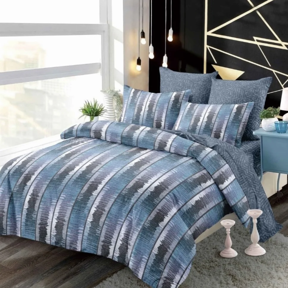 LENJERII CU ELASTIC 1+1 - Lenjerii de pat Finet 6 piese cu Elastic, albastru cu linii abstracte gri-FEL293