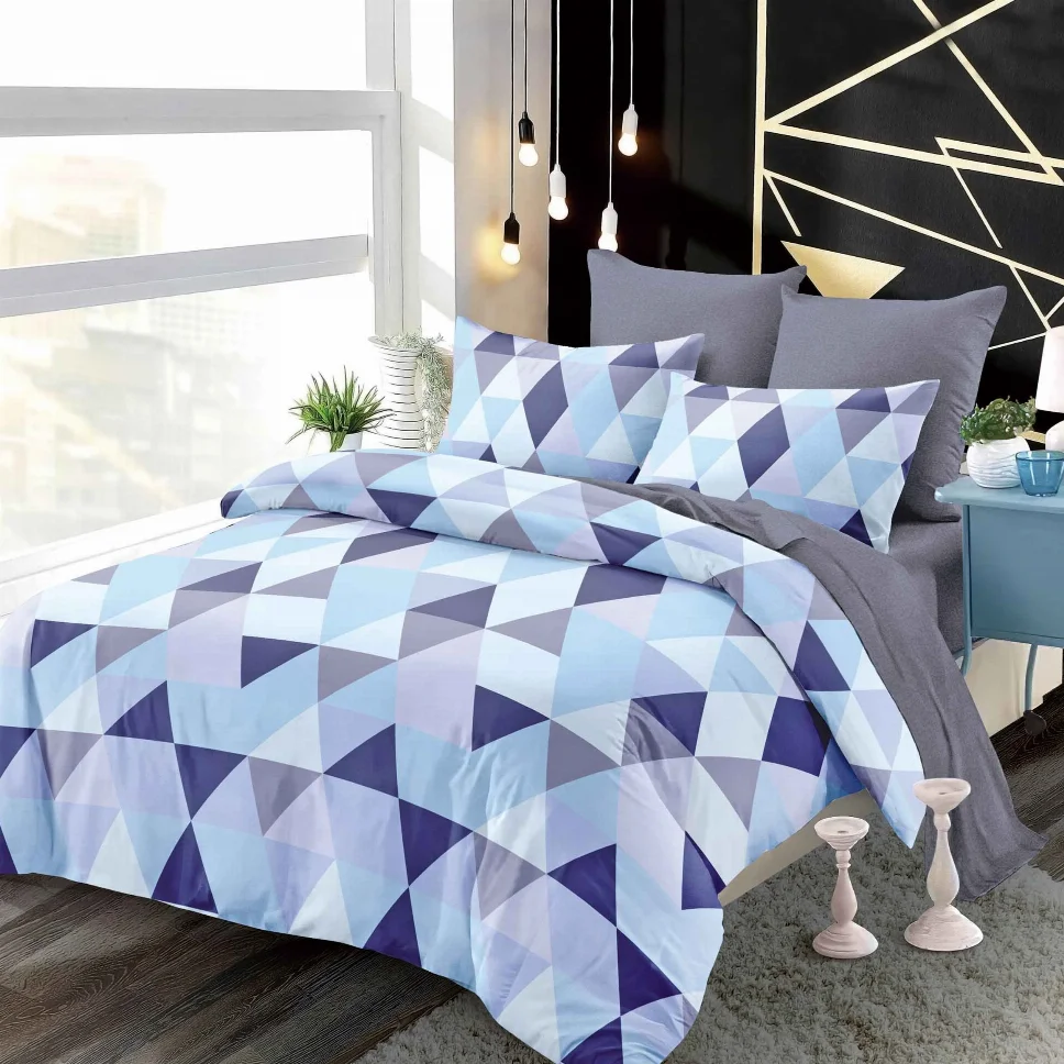 LENJERII CU ELASTIC 1+1 - Lenjerii de pat Finet 6 piese cu Elastic, albastru cu triunghiuri geometrice-FEL288