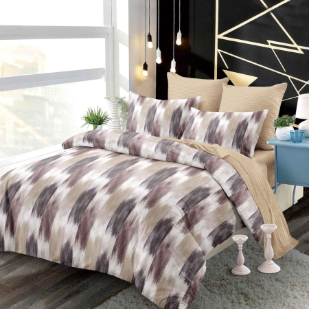 OFERTA  LENJERII CU ELASTIC - Lenjerii de pat Finet 6 piese cu Elastic, Imprimeu pensulat in culori neutre-FEL403