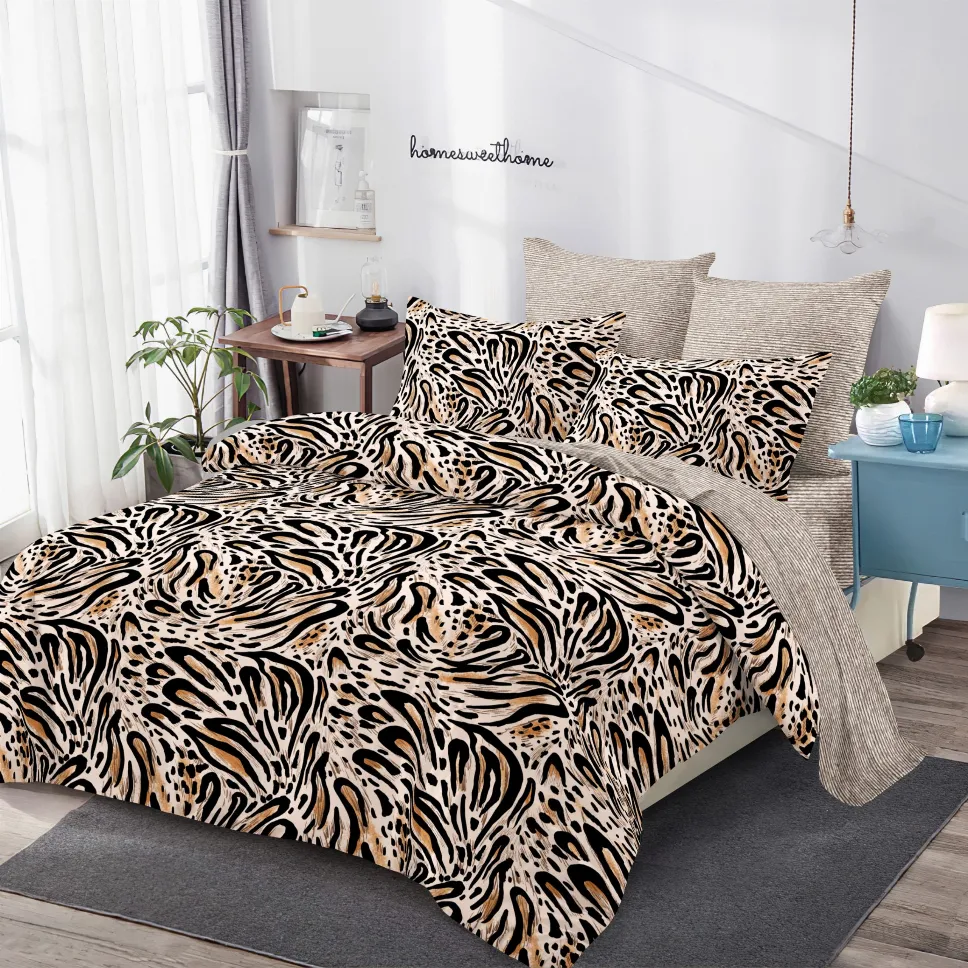 LENJERII CU ELASTIC 1+1 - Lenjerii de pat Finet 6 piese cu Elastic, animal print negru auriu-FEL268