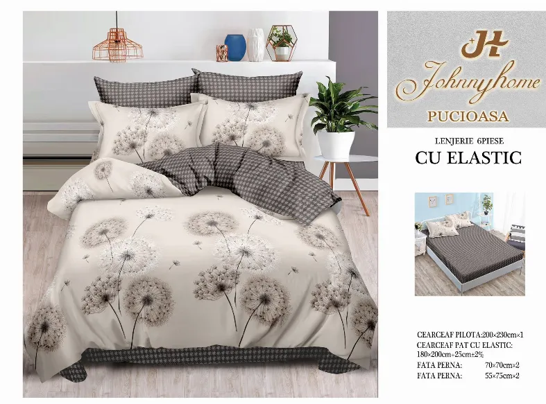 Lenjerii de pat cu Elastic - Lenjerii de pat Finet 6 piese cu Elastic, bej cu dantela alba si gri-T213