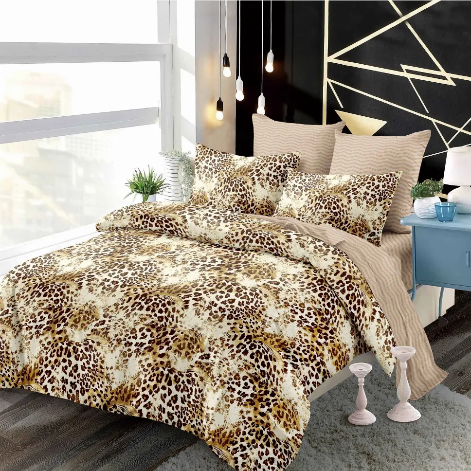 LENJERII CU ELASTIC 1+1 - Lenjerii de pat Finet 6 piese cu Elastic, bej cu imprimeu leopard auriu-FEL260