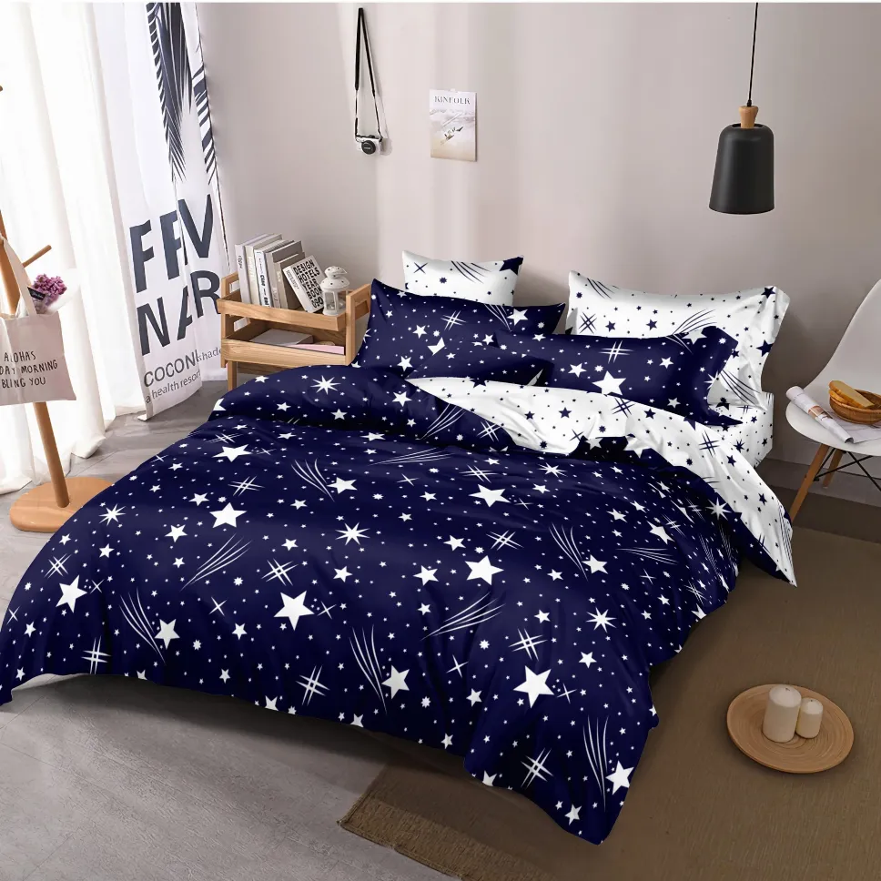 LENJERII CU ELASTIC 1+1 - Lenjerii de pat Finet 6 piese cu Elastic, bleu cu stele albe și comete-FEL259