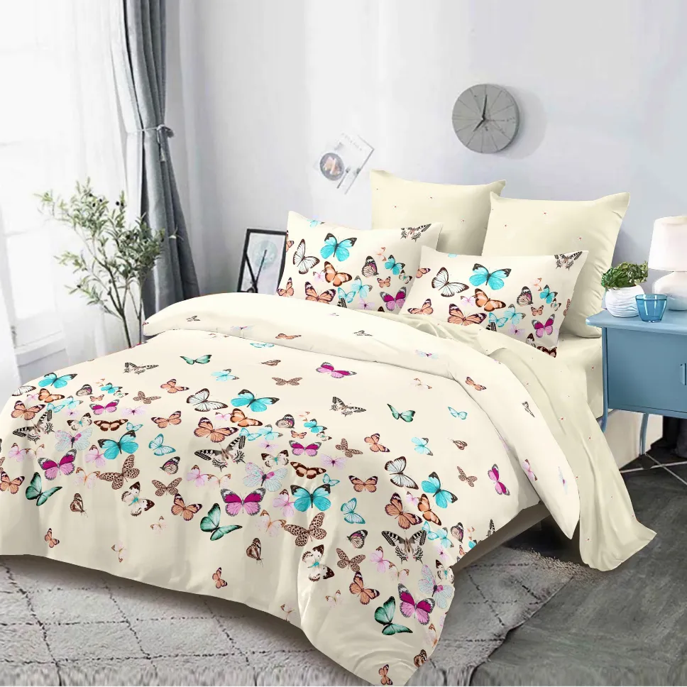 LENJERII CU ELASTIC 1+1 - Lenjerii de pat Finet 6 piese cu Elastic, crem cu fluturi colorați și accente roz-FEL270