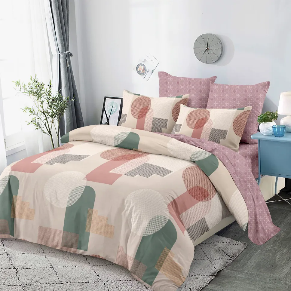 LENJERII CU ELASTIC 1+1 - Lenjerii de pat Finet 6 piese cu Elastic, crem cu forme geometrice discrete-FEL276