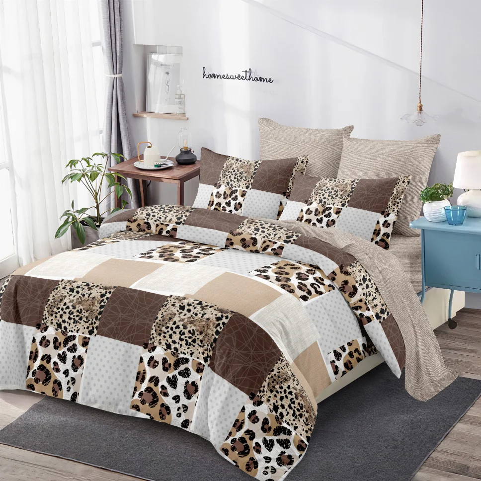 LENJERII CU ELASTIC 1+1 - Lenjerii de pat Finet 6 piese cu Elastic, cu imprimeu leopard bej si maro-FEL295