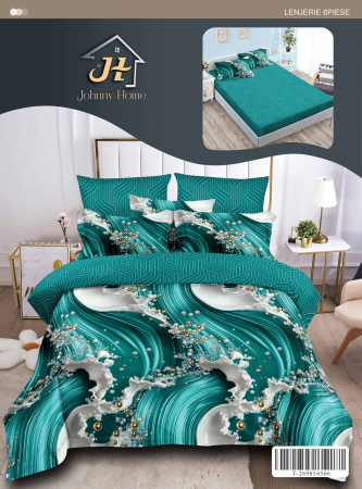Lenjerii de pat cu Elastic - Lenjerii de pat Finet 6 piese cu Elastic,valuri turcoaz si alb-T330
